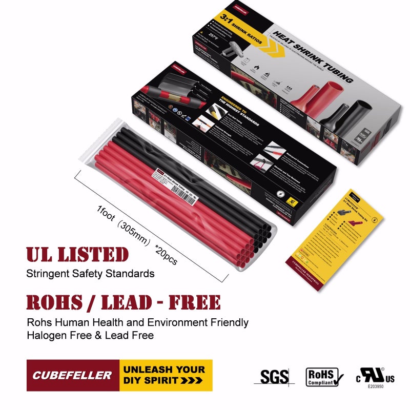 Cubefeller 3:1 Ratio 3/32 Inch (2.4Mm) Heat Shrink Tubing Kit ,Black 20Ft & Red 20Ft (12.2M Total Length), Marine Grade Waterproof Adhesive Lined, Insulation Sealing Oil-Proof Wear-Resistant ,E4024Br - Image 3